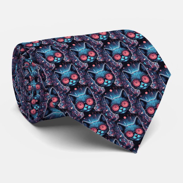 Futuristic Cyber Cat Tie (Rolled)