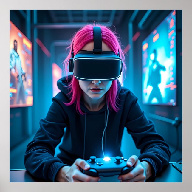 "Futuristic Cyber Gamer with AR Visor AI Poster (Front)