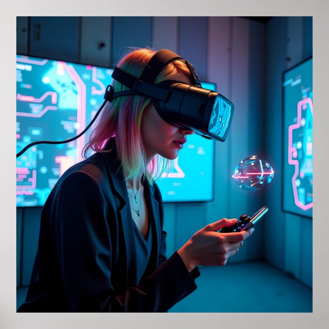"Futuristic Cyber Gamer with AR Visor  AI Poster (Front)