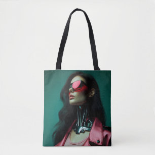 futuristic cybernetic woman tote bag