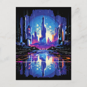 Futuristic Cyberpunk City Skyline Announcement Postcard