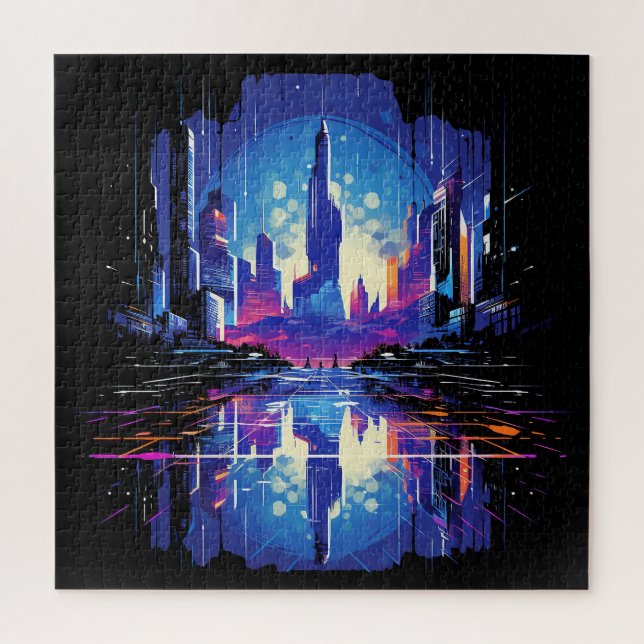 Futuristic Cyberpunk City Skyline Jigsaw Puzzle (Vertical)