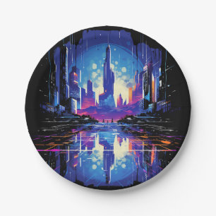 Futuristic Cyberpunk City Skyline Paper Plate