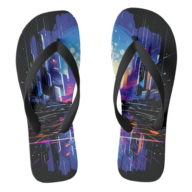 Futuristic Cyberpunk City Skyline Thongs (Footbed)