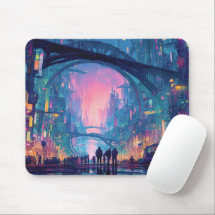 Futuristic Cyberpunk Cityscape with Glowing Arches Mouse Pad