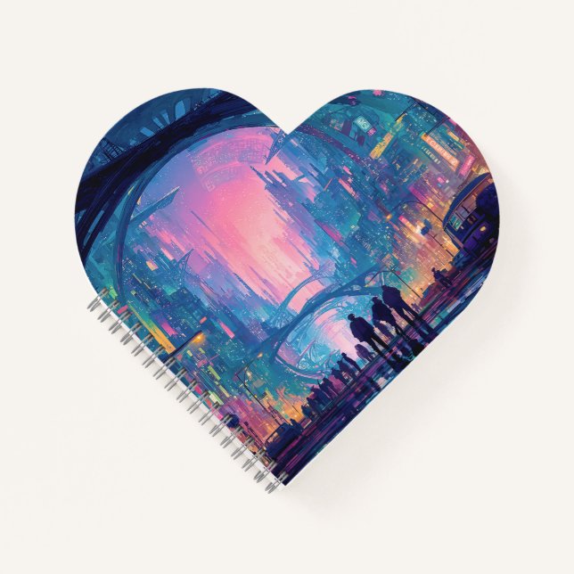 Futuristic Cyberpunk Cityscape with Glowing Arches Notebook (Front)