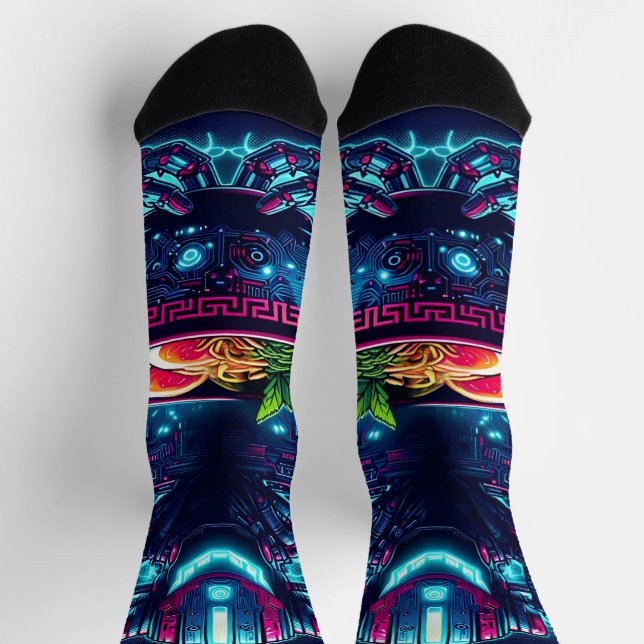Futuristic Cyberpunk Robot Neon Food Ramen Socks (Top)