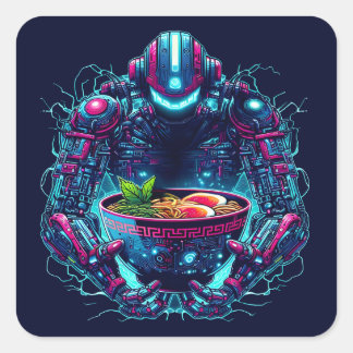 Futuristic Cyberpunk Robot Neon Food Ramen Square Sticker