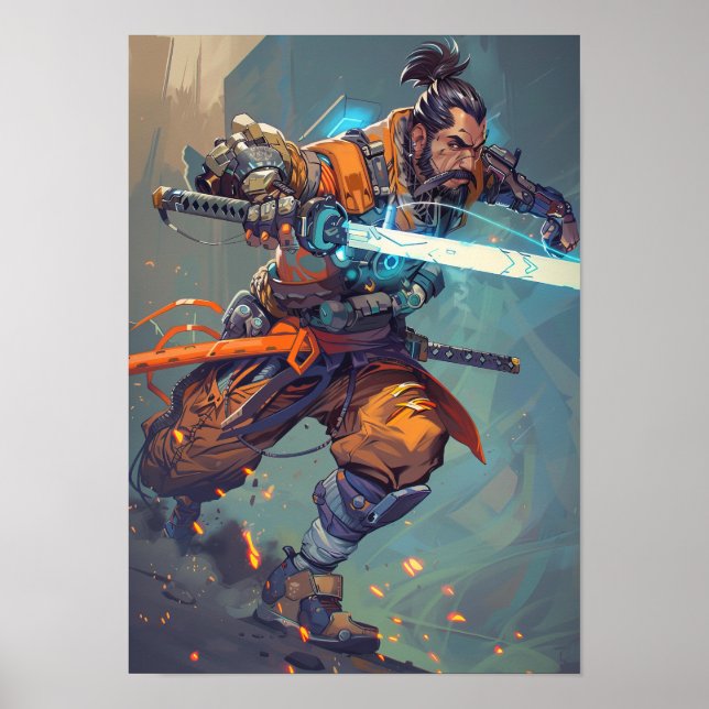 Futuristic Cyberpunk Samurai Holding Laser Katana  Poster (Front)