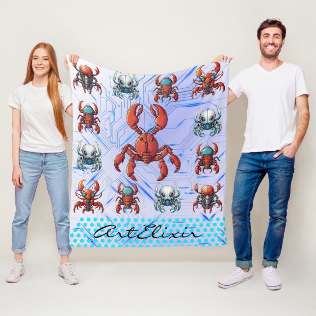 Futuristic Cyborg Lobster Print Fleece Blanket (In Situ)