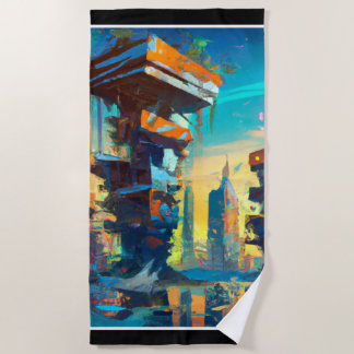 Futuristic Dystopian City, AI Generated Painting Beach Towel