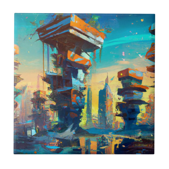 Futuristic Dystopian City, AI Generated Painting Ceramic Tile (Front)