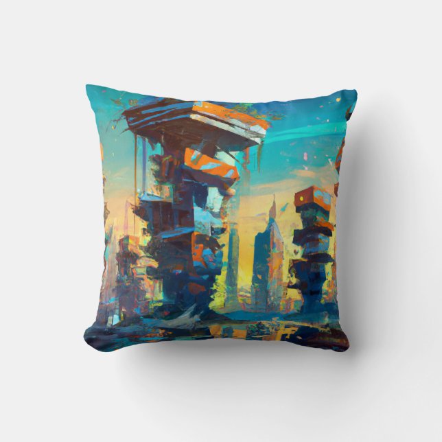 Futuristic Dystopian City, AI Generated Painting Cushion (Front)