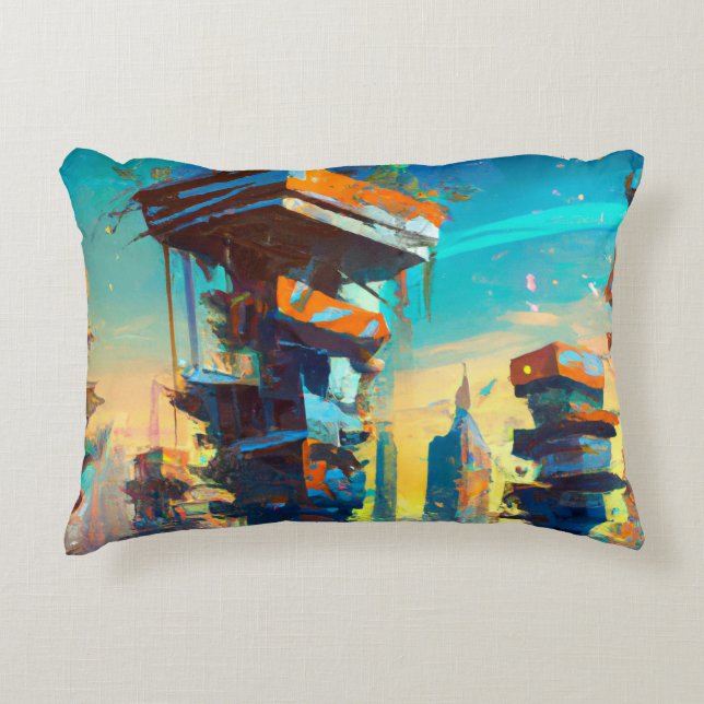 Futuristic Dystopian City, AI Generated Painting Decorative Cushion (Front)