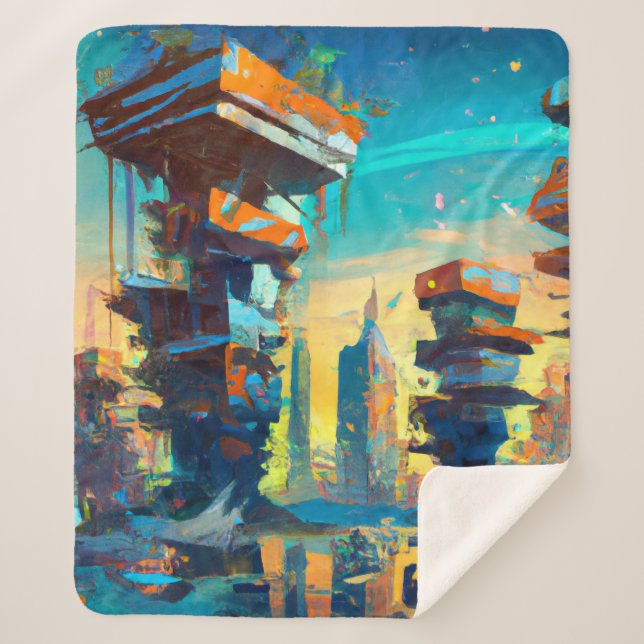 Futuristic Dystopian City, AI Generated Painting Sherpa Blanket (Front)