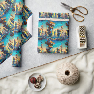Futuristic Dystopian City, AI Generated Painting Wrapping Paper