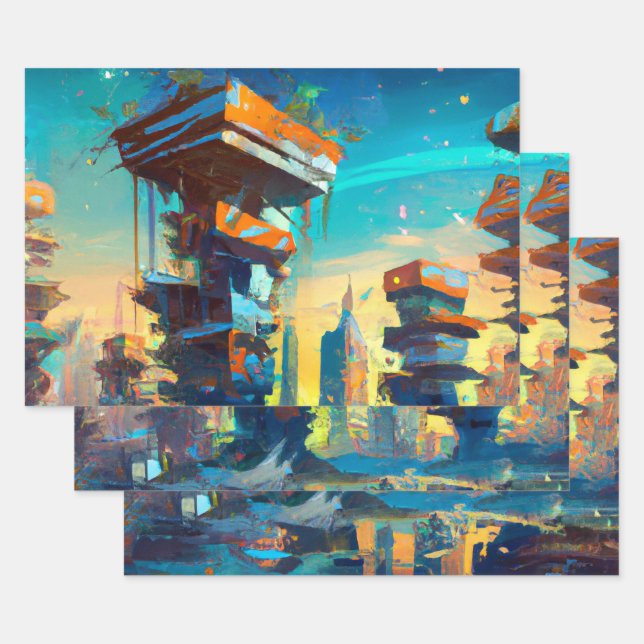 Futuristic Dystopian City, AI Generated Painting Wrapping Paper Sheet (Set)