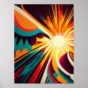 Futuristic Earth and Sun Line Art Retro Wall Art