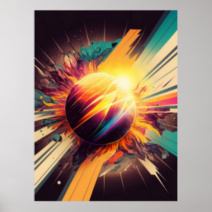 Futuristic Earth and Sun Line Art Retro Wall Art