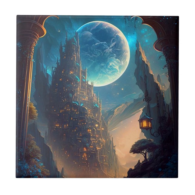 Futuristic Fantasy Castle Landscape Ceramic Tile (Front)