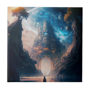 Futuristic Fantasy Castle Landscape Ceramic Tile