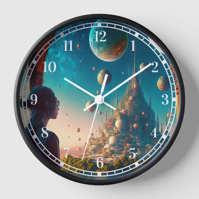 Futuristic Fantasy Castle Landscape Clock (Front)