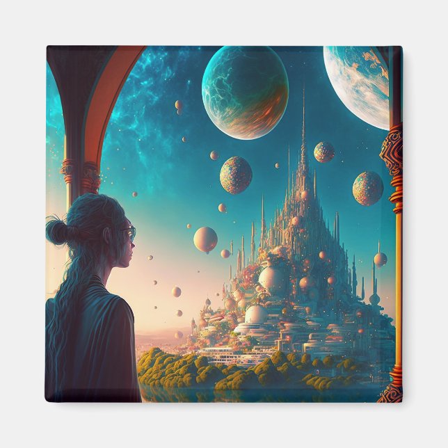 Futuristic Fantasy Castle Landscape Magnet (Front)
