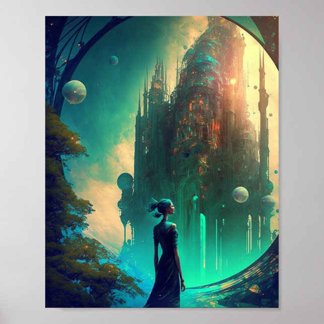 Futuristic Fantasy Castle Landscape Poster (Front)