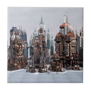 Futuristic Fantasy City Sci Fi Skyline Art Ceramic Tile
