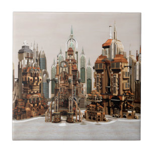 Futuristic Fantasy City Sci Fi Skyline Art Ceramic Tile