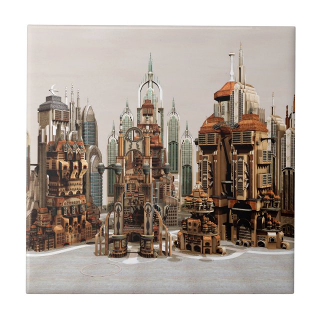 Futuristic Fantasy City Sci Fi Skyline Art Ceramic Tile (Front)