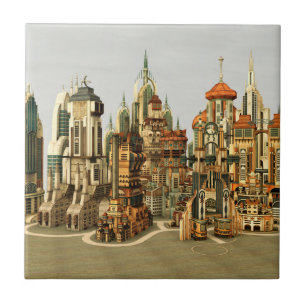 Futuristic Fantasy City Sci Fi Skyline Art Ceramic Tile