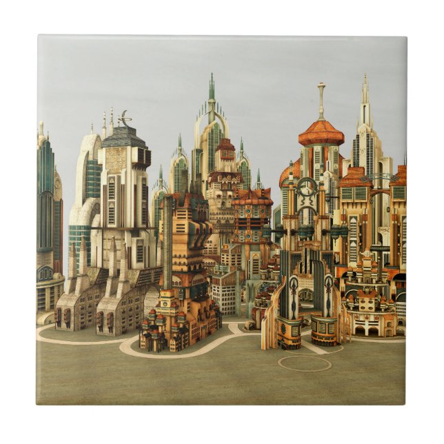 Futuristic Fantasy City Sci Fi Skyline Art Ceramic Tile (Front)