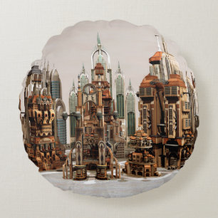 Futuristic Fantasy City Sci Fi Skyline Art Round Cushion
