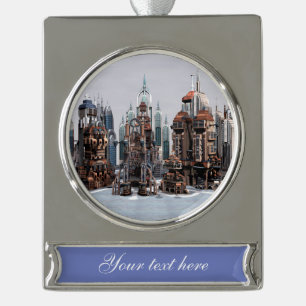 Futuristic Fantasy City Sci Fi Skyline Art Silver Plated Banner Ornament