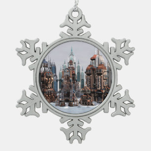Futuristic Fantasy City Sci Fi Skyline Art Snowflake Pewter Christmas Ornament