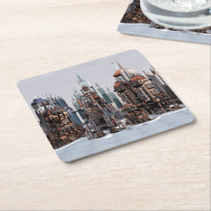Futuristic Fantasy City Sci Fi Skyline Art Square Paper Coaster