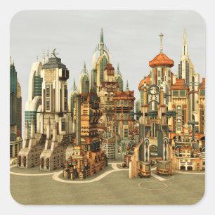 Futuristic Fantasy City Sci Fi Skyline Art Square Sticker