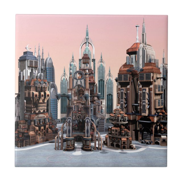 Futuristic Fantasy City Sci Fi Skyline Art Tile (Front)