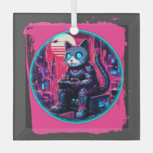 Futuristic Feline Tech Glass Tree Decoration