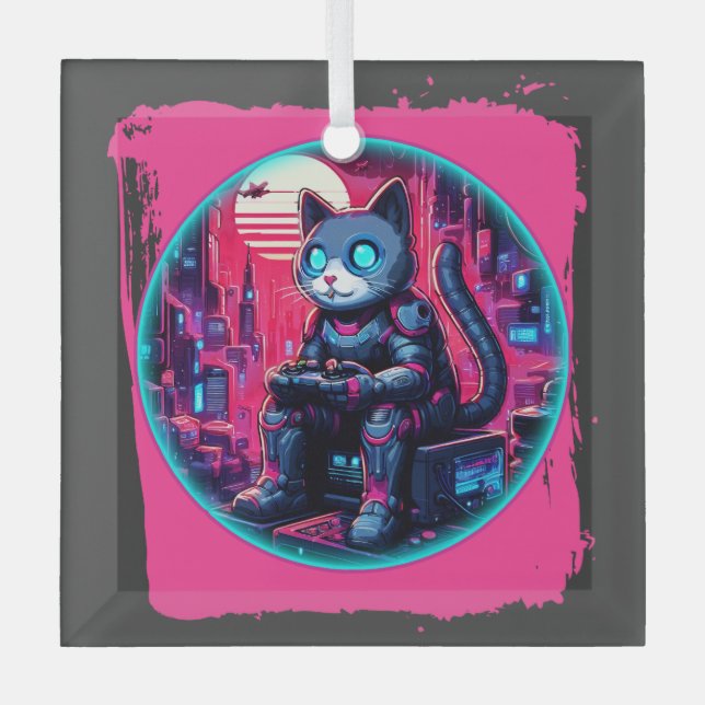 Futuristic Feline Tech Glass Tree Decoration (Front)