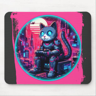 Futuristic Feline Tech Mouse Pad