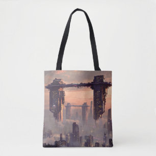 Futuristic floating megastructures above the city tote bag
