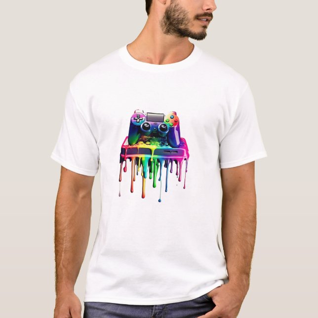 Futuristic Gamer Tee, Game Controller Drip Design T-Shirt (Front)