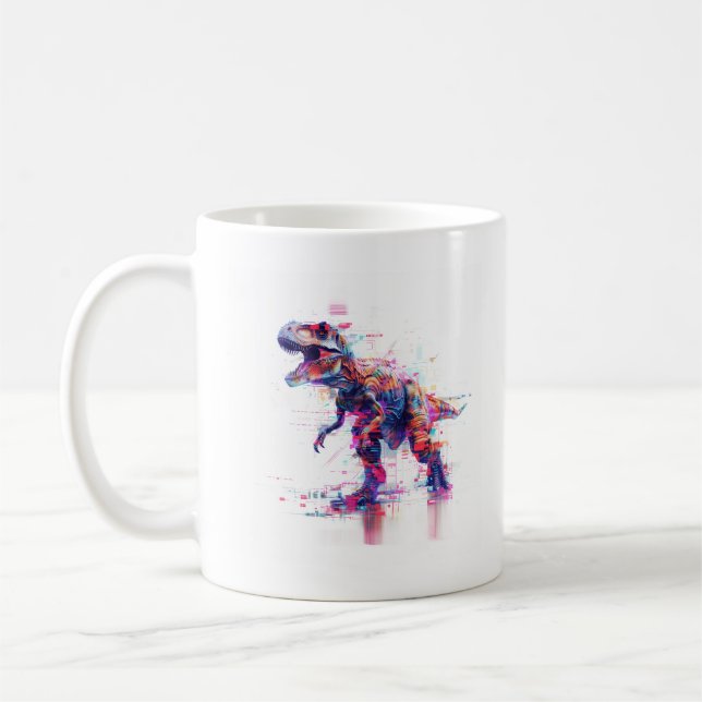Futuristic Glitch T-Rex Dinosaur Coffee Mug (Left)