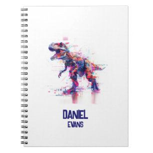 Futuristic Glitch T-Rex Dinosaur With Kids Name Notebook