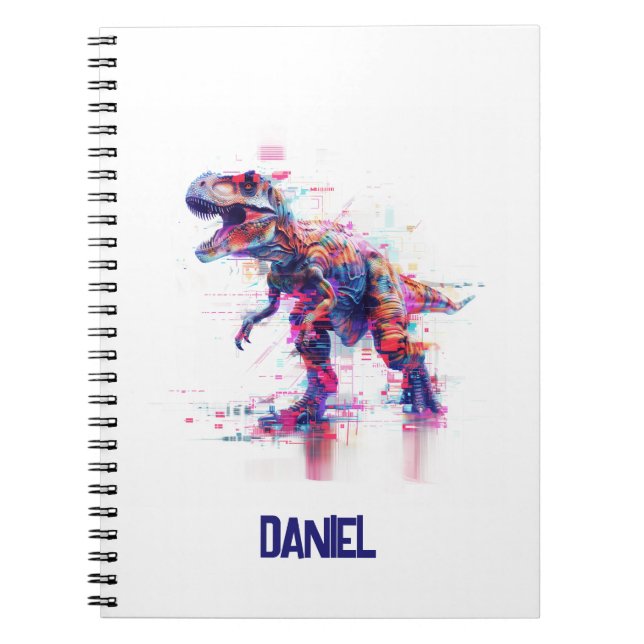 Futuristic Glitch T-Rex Dinosaur  With Kids Name Notebook (Front)
