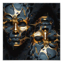 Futuristic Gold & Black Abstract Face Art