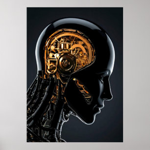 Futuristic Gold Mechanical Brain Black Cyborg Head Poster