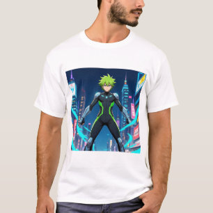 Futuristic Green-Haired Anime Hero in Cyberpunk Ci T-Shirt
